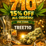 710 cannabis sale promo image — golden dripping “710” typography with cannabis leaves and TREE710 discount code.