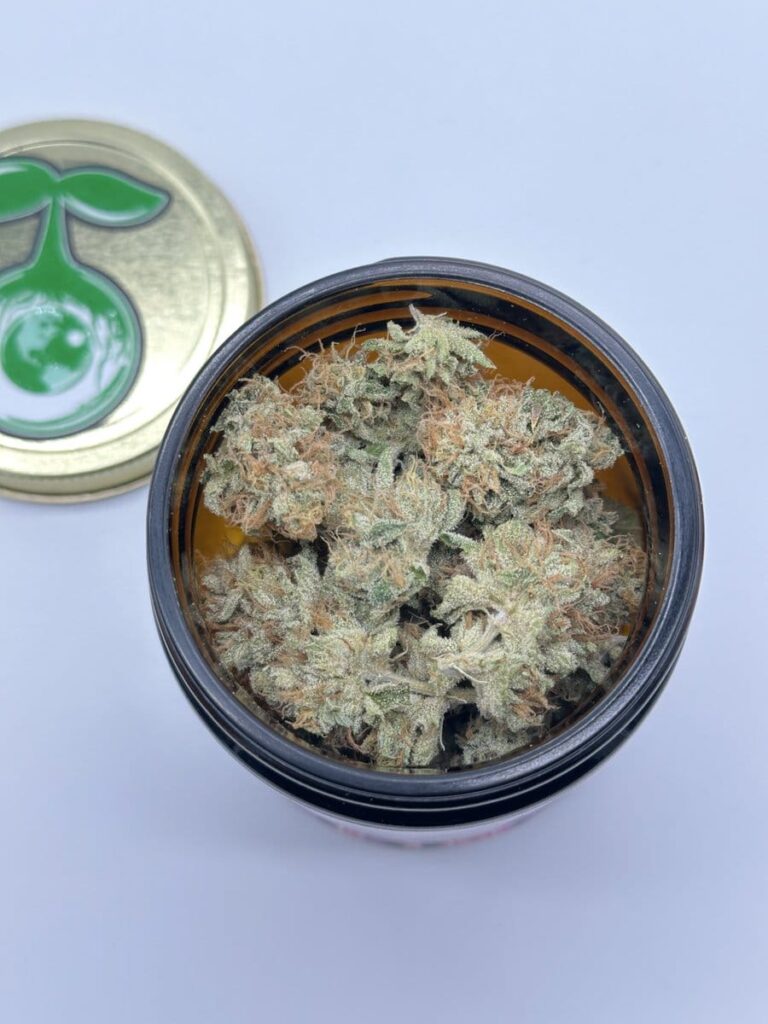 Z Face cannabis buds in a jar with golden lid and green sprout logo