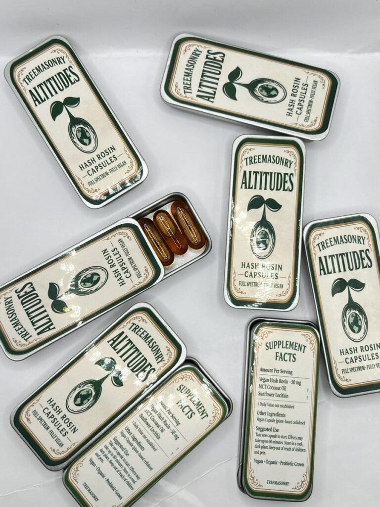 Treemasonry Altitudes Hash Rosin Capsules in premium tins — vegan, full‑spectrum organic cannabis wellness product by Khash Tree Mason.