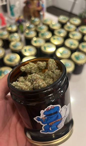 Khash Tree Mason cannabis jar with blue cartoon label and premium buds