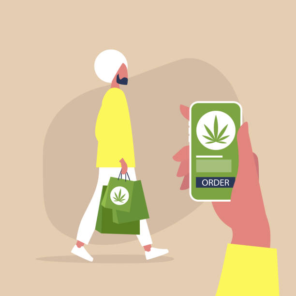 Illustration of online cannabis ordering — person carrying branded bag while smartphone displays cannabis leaf and order button.