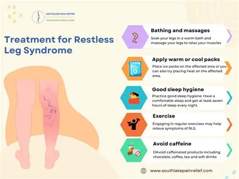 Infographic showing treatments for restless leg syndrome including bathing, massages, warm or cool packs, good sleep hygiene, exercise, and avoiding caffeine.